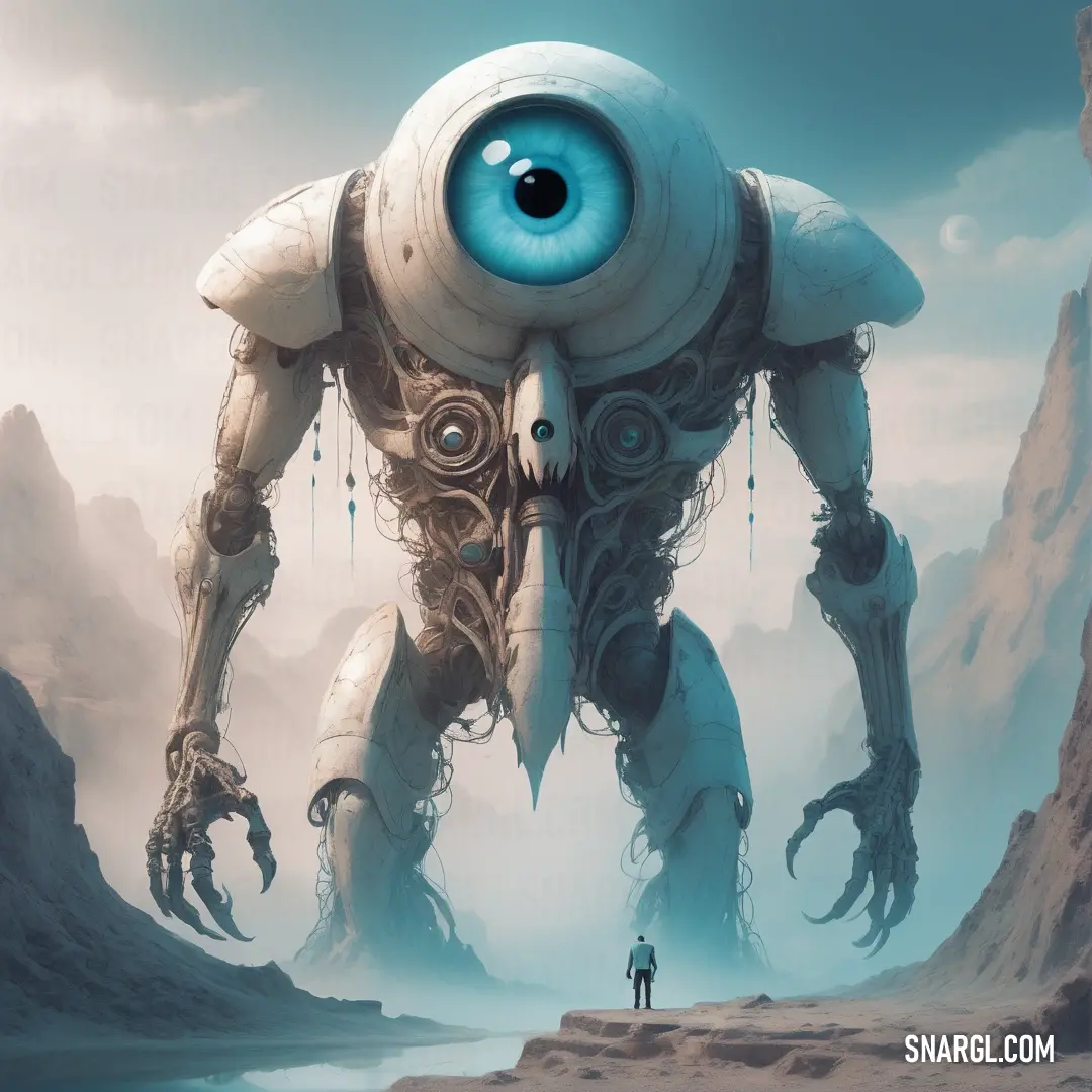 Giant Cyclop with a human eye standing in a desert landscape