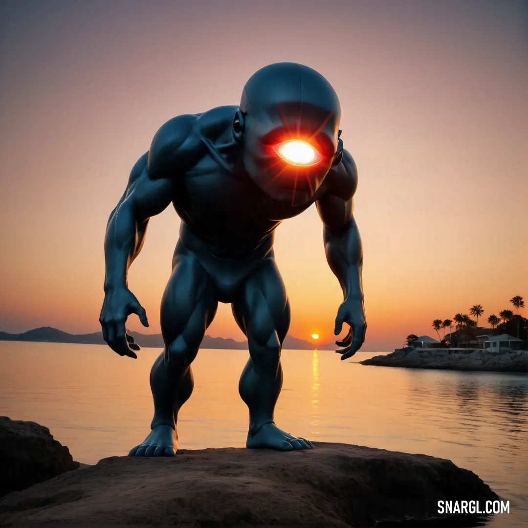 Cyclop with a glowing eye standing on a rock in the water at sunset with a body of water in the background