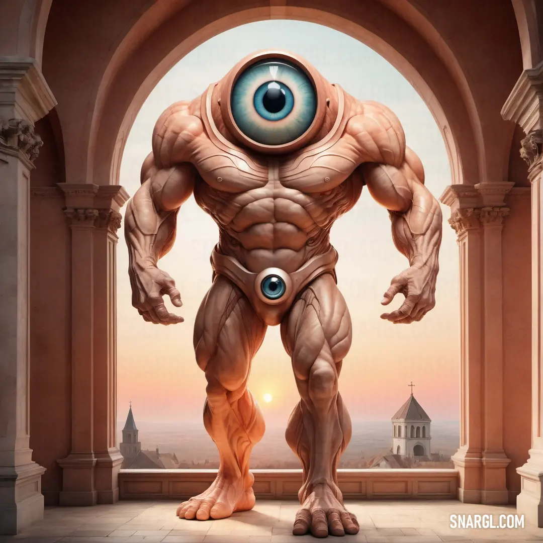 Cyclop man with a massive body and a massive eye in front of a doorway with a view of a city