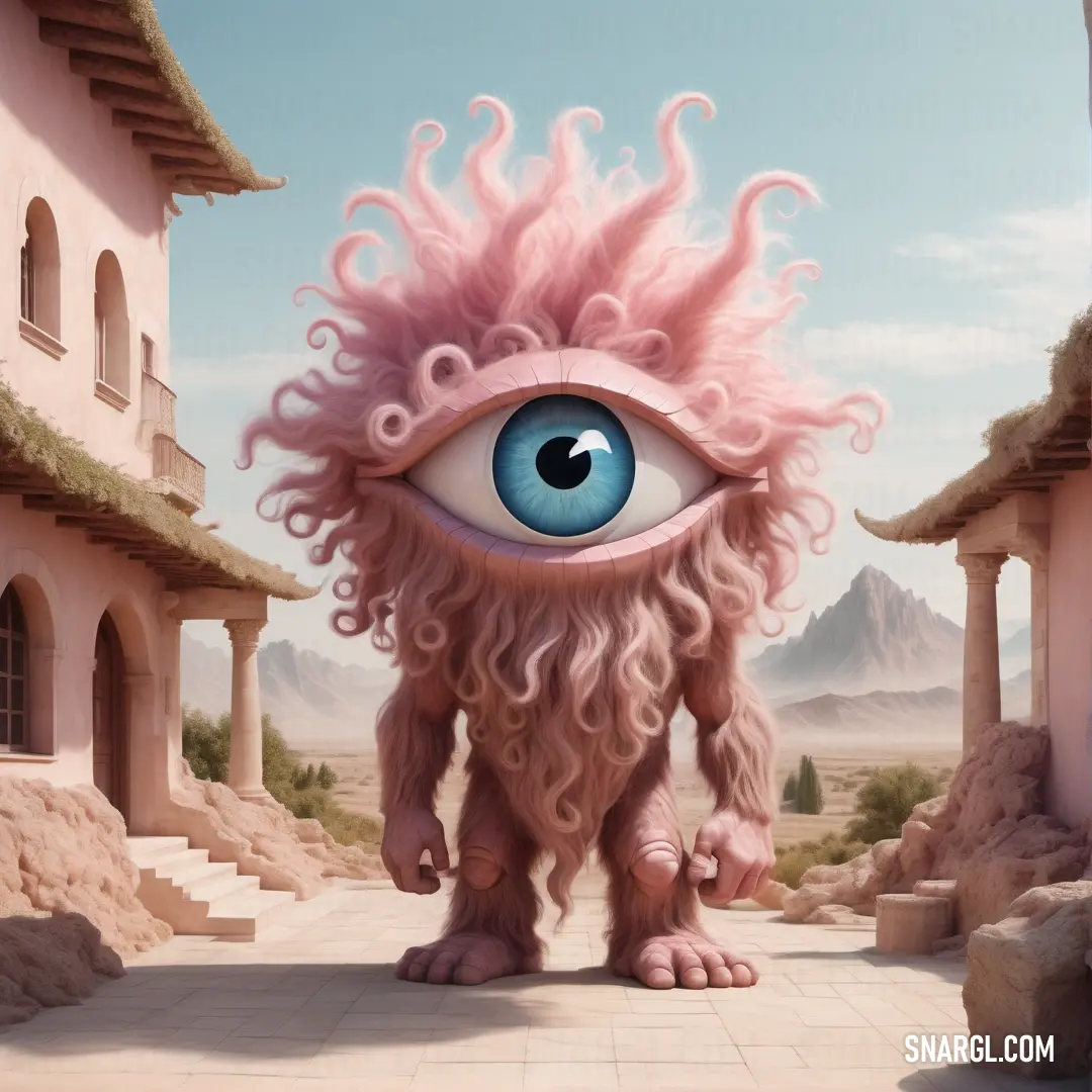 Pink Cyclop with a blue eye standing in front of a building with a pink roof