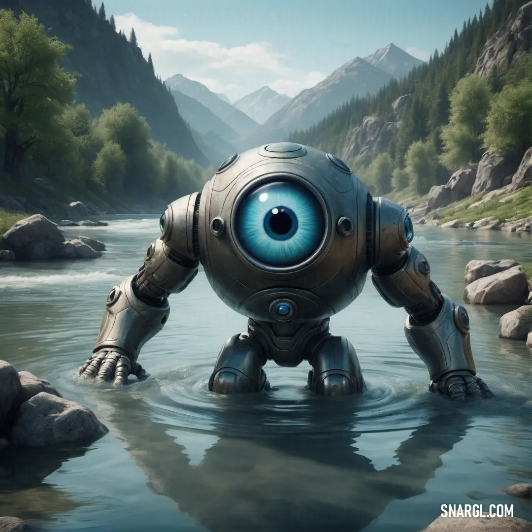 Cyclop is standing in a river with a large eyeball in it's body and a mountain in the background