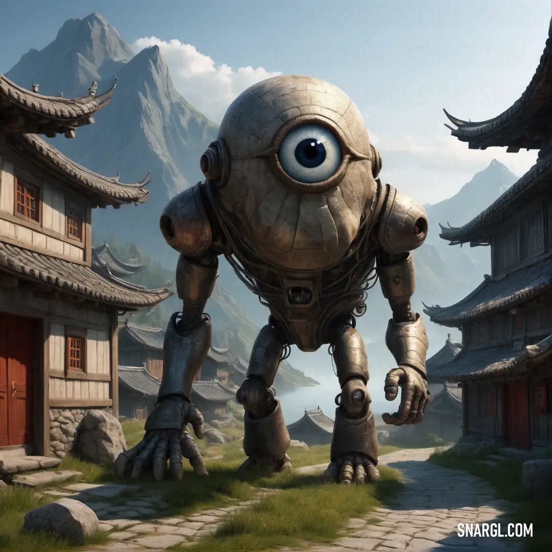 Cyclop with big eyes standing in front of a building with mountains in the background and a stone path