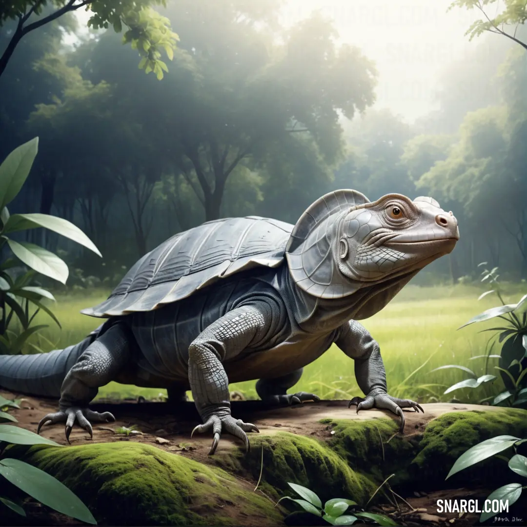 Large turtle is walking through the jungle on a rock and grass area with trees in the background