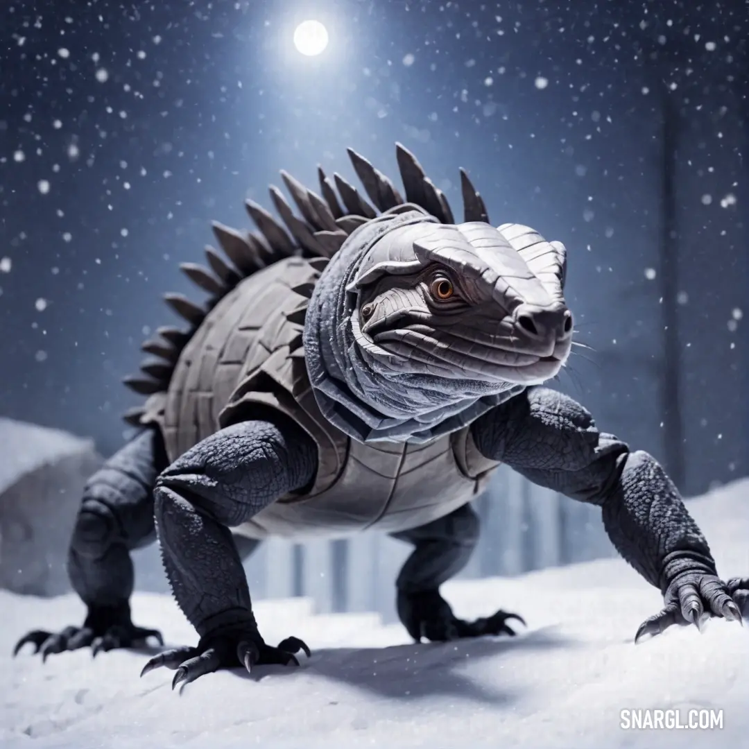 Toy Cyclura is standing in the snow at night with a full moon in the background