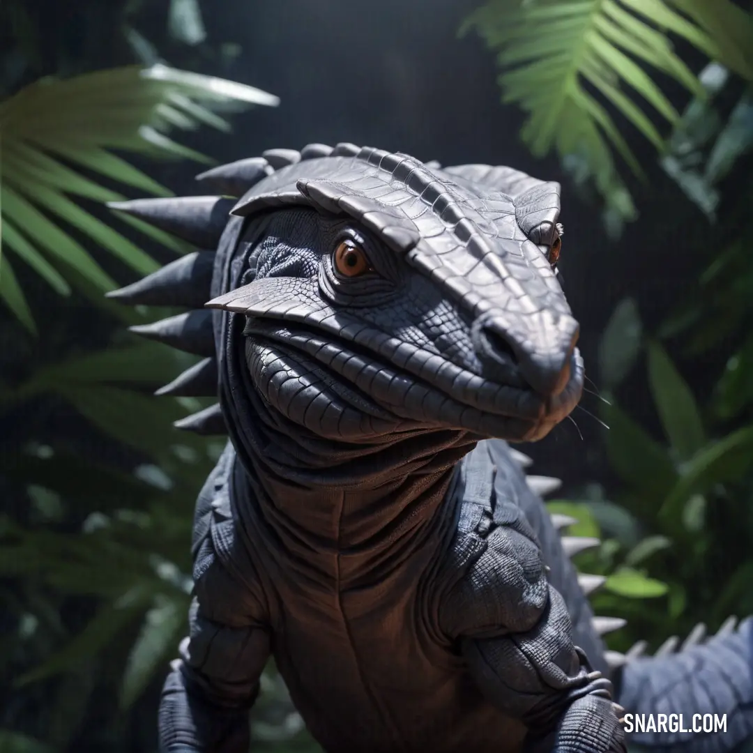 Toy Cyclura is standing in the jungle with leaves around it's neck and eyes open