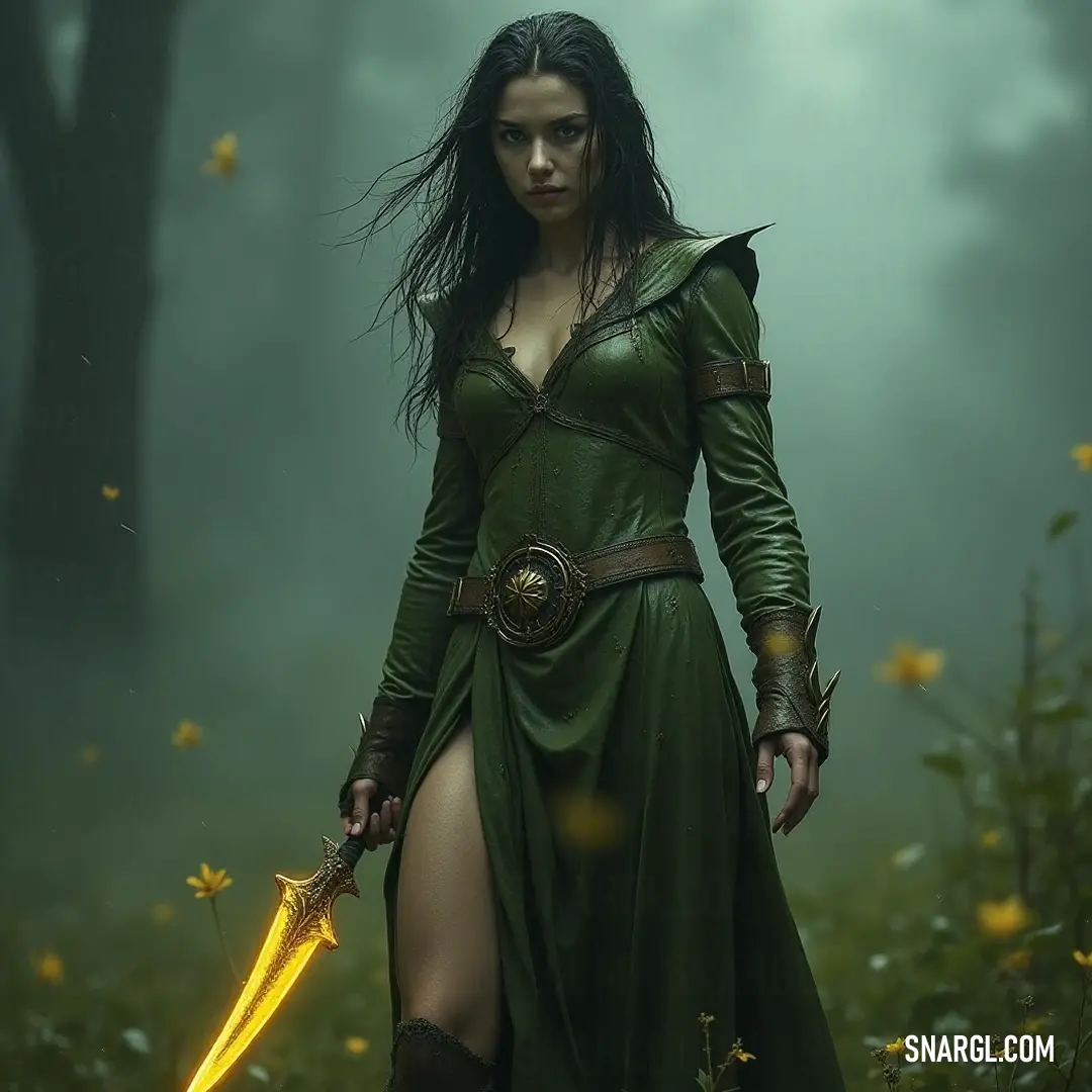 Cyparissus: A Daring Figure Adorned in Green Amidst Forest Blooms Cyparissus, clad in a vibrant green dress, holds a sword as he stands gracefully in a sun-dappled forest adorned with blooming yellow flowers. Surrounding trees frame the scene, enhancing the enchanting beauty of the woodland setting.