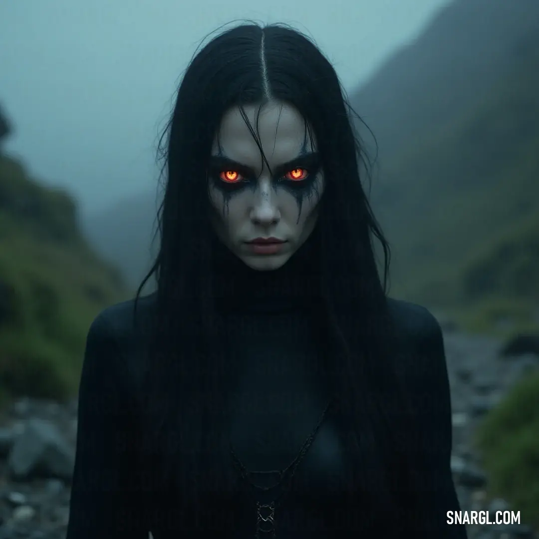Cyra, with her captivating red eyes and bold black makeup, stands boldly in a rocky landscape, a mountain backdrop looming behind her under a mysterious, fog-filled sky. A mystical figure named Cyra with striking red eyes and an enigmatic presence, adorned in dramatic black makeup, stands confidently amongst rugged rocks, with a majestic mountain looming in the background under a shrouded, foggy sky.