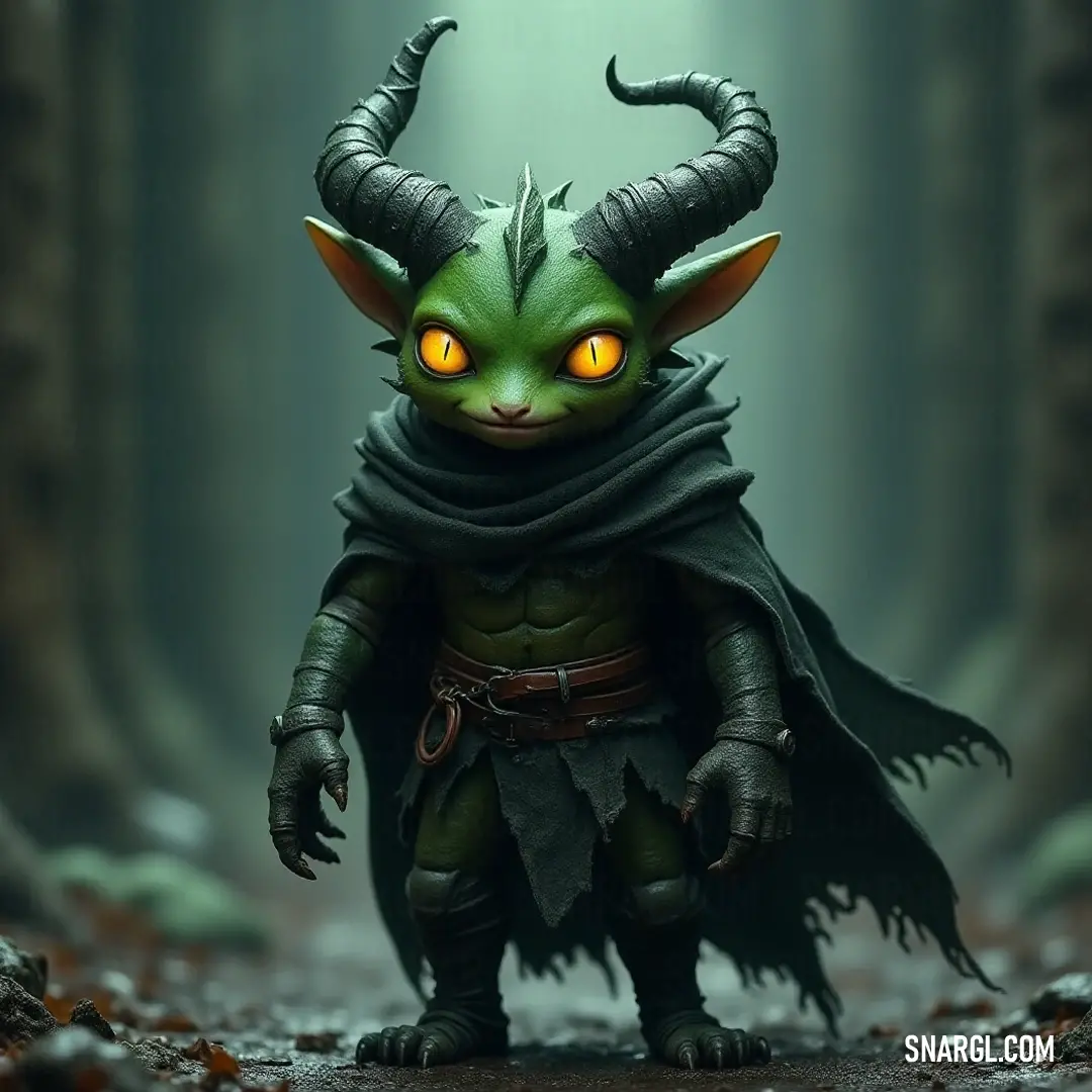 A mystical green creature with horns and a flowing cape, standing majestically in a vibrant forest, exuding magical energy and enchantment. A mystical green creature with horns, adorned in a flowing cape, stands majestically in a vibrant forest. Its bright yellow eyes gleam with enchantment, while a cloak drapes elegantly over its head, hinting at magical adventures in an otherworldly realm.