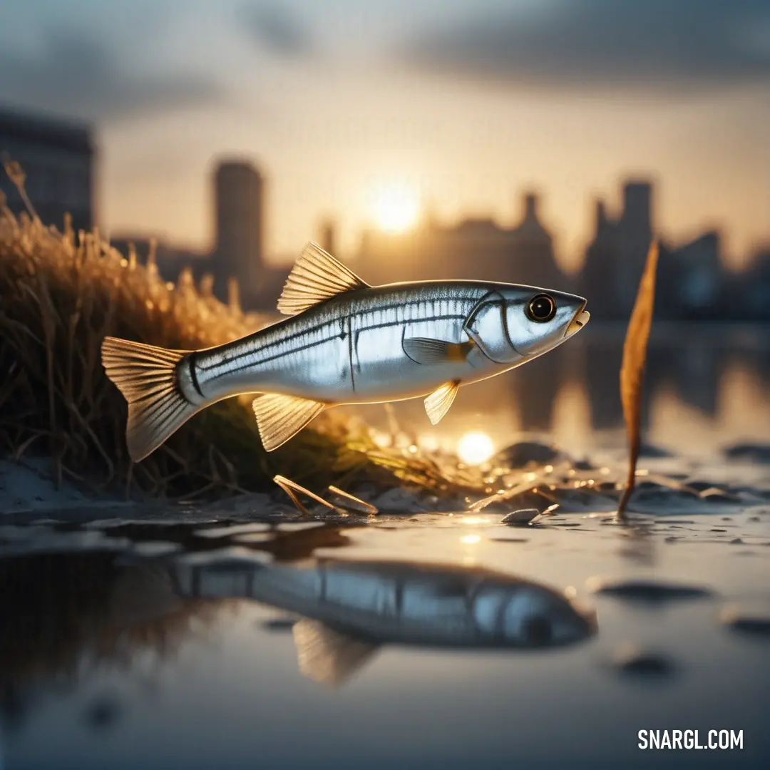 Fish is floating on the water near a shore line at sunset or dawn with a city in the background