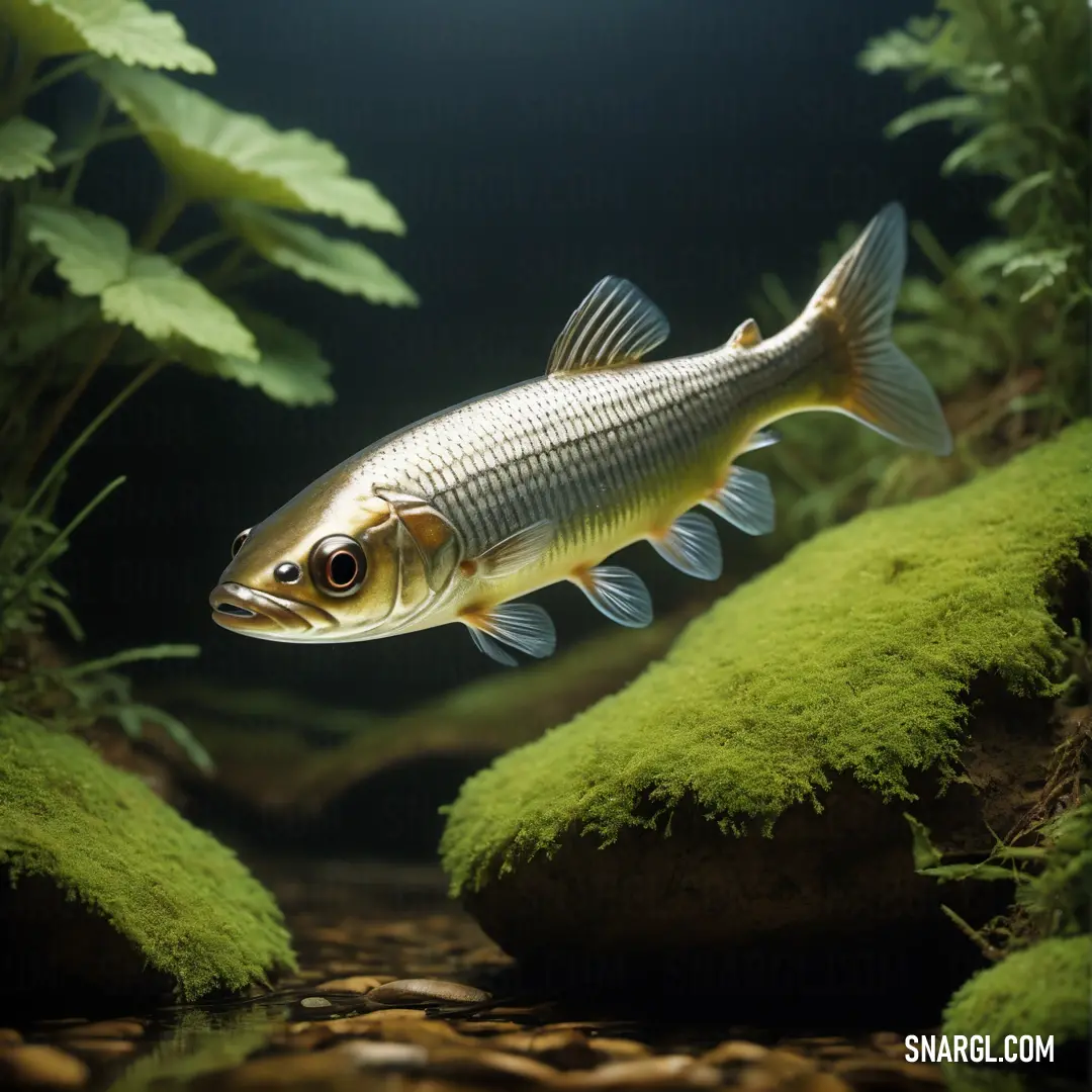 Fish swimming in a green aquarium filled with water and plants on the rocks and grass covered ground with rocks