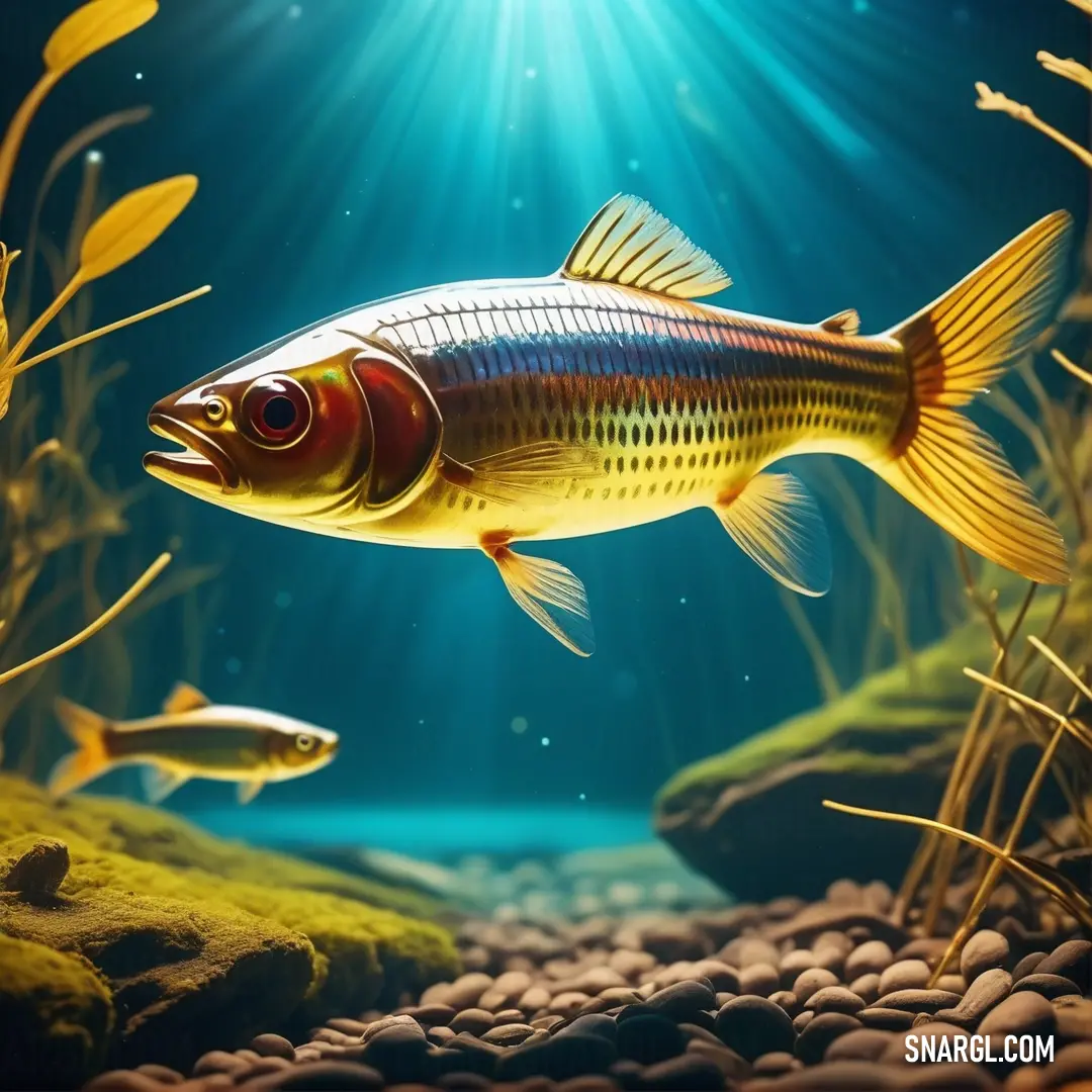 Fish swimming in a large aquarium filled with water and plants and rocks under a bright sunbeam with a blue sky