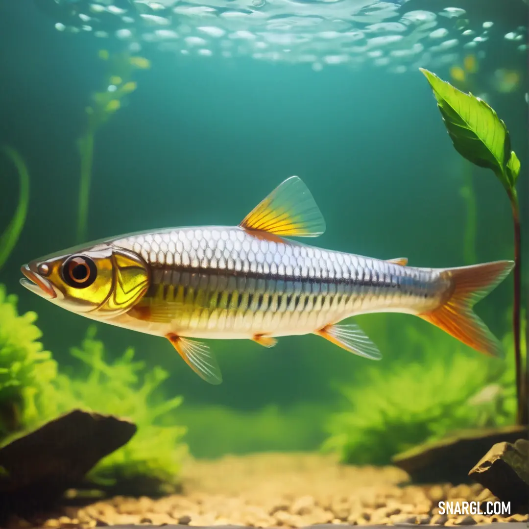 Fish swimming in a large aquarium filled with water and plants and rocks and gravels under the water