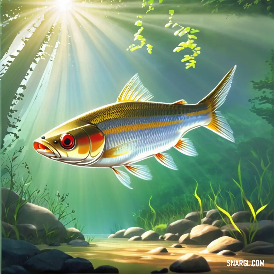 Fish swimming in a river surrounded by rocks and plants with sunlight shining through the water's leaves