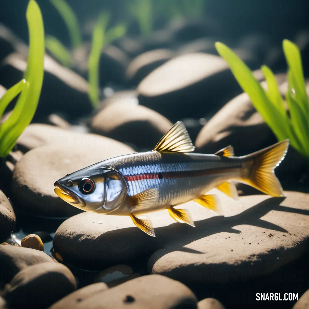 Fish that is on some rocks and grass in the water and some rocks