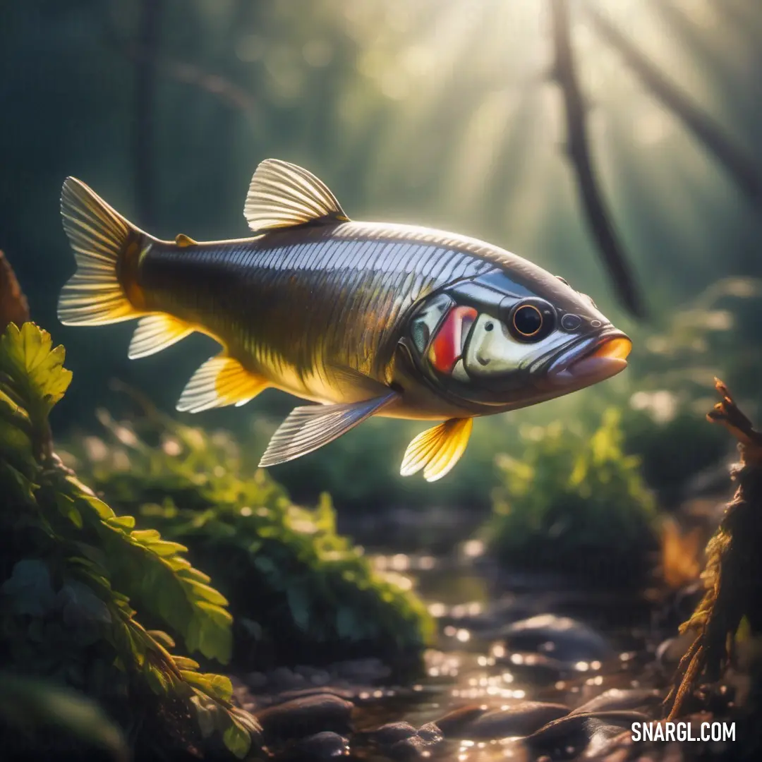 Fish that is swimming in some water near some plants and rocks and grass and sunlight shining through the leaves