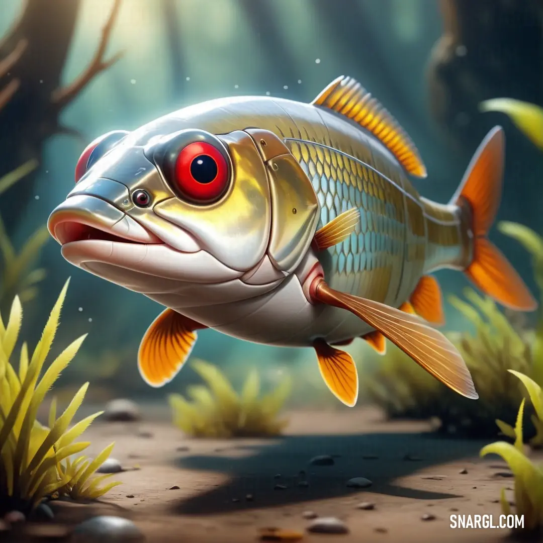 Fish with red eyes is swimming in the water near plants and rocks