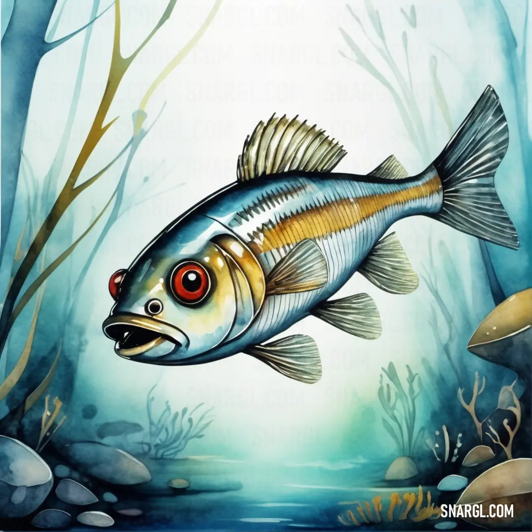 Painting of a fish in a water way with rocks and plants around it and a light shining on the fish