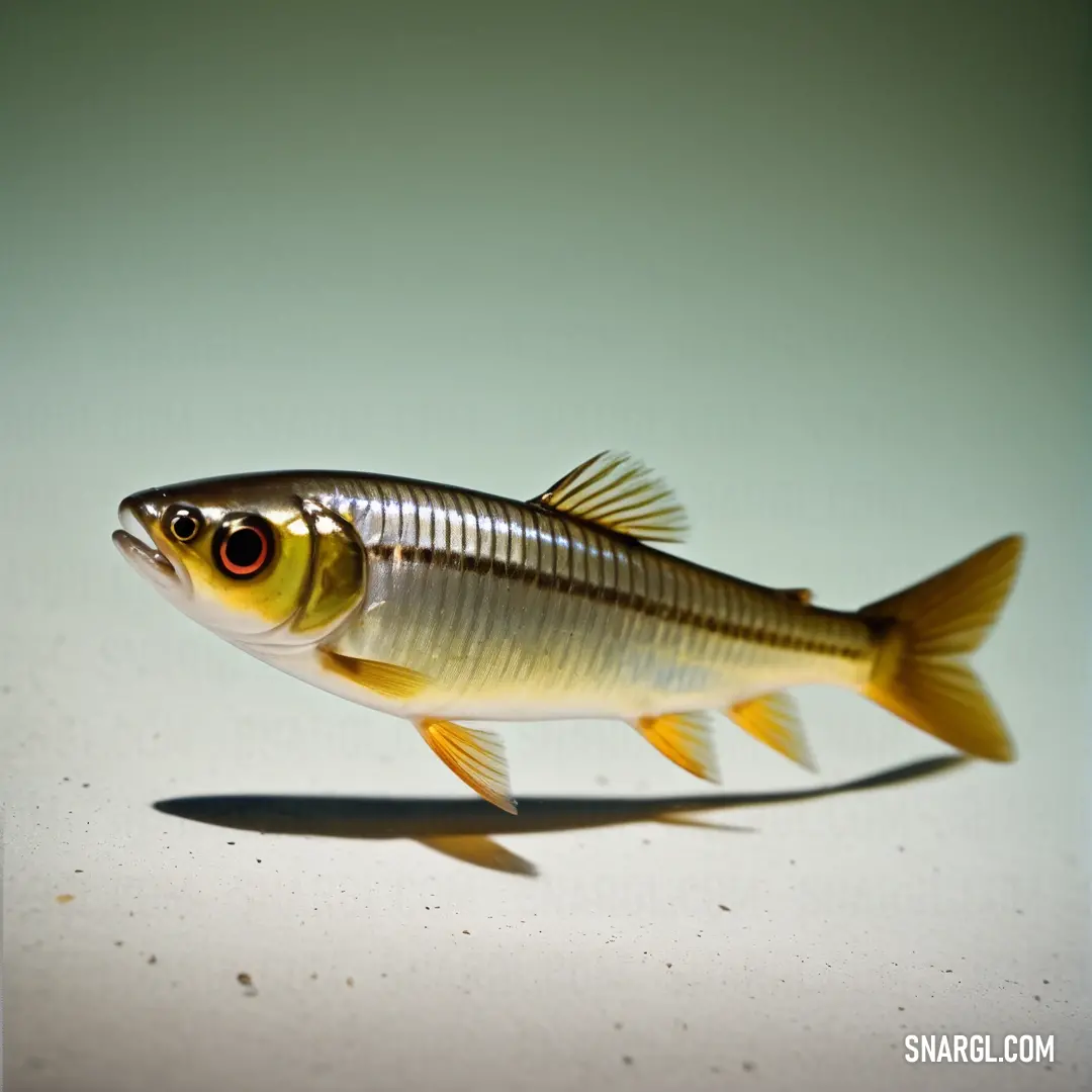 Small fish with a long tail and a yellow body is standing on a white surface with a shadow