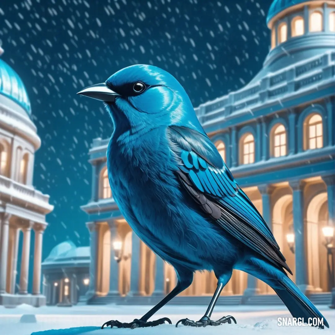 Blue Dacnis is standing in the snow outside a building at night with snow falling on the ground