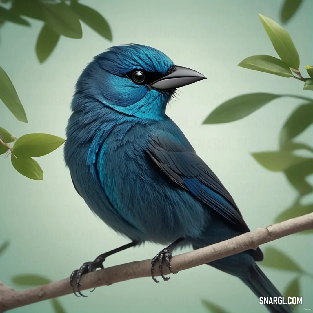 Blue Dacnis on a branch with leaves around it's neck and head, with a green background