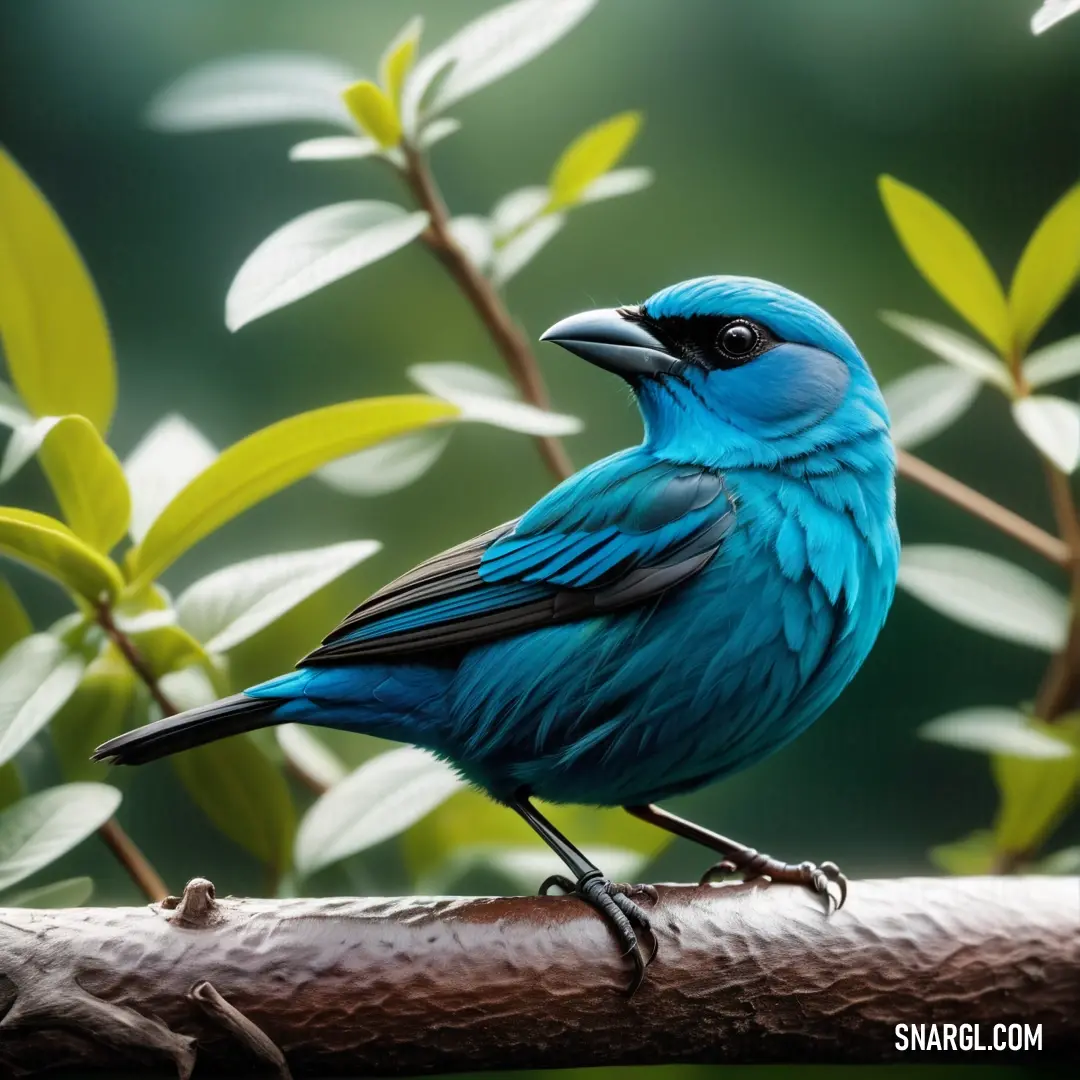 Blue Dacnis on a branch with leaves in the background