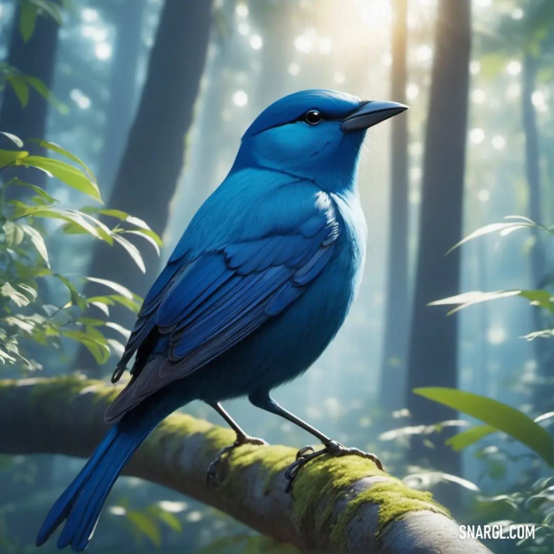 Blue Dacnis on a branch in a forest with sunlight shining through the trees and leaves on the ground