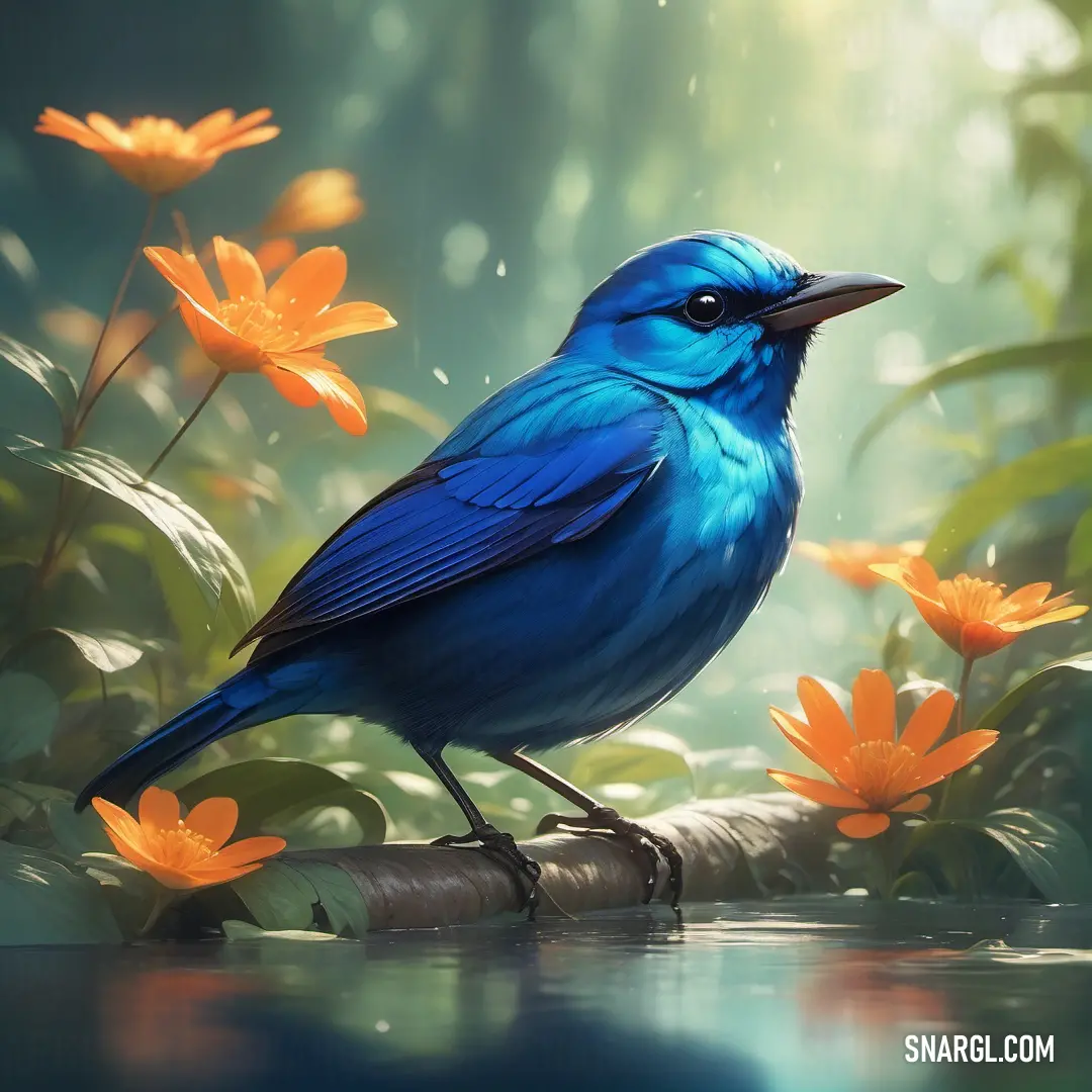 Blue Dacnis on a branch in a garden of flowers and water with a bright background