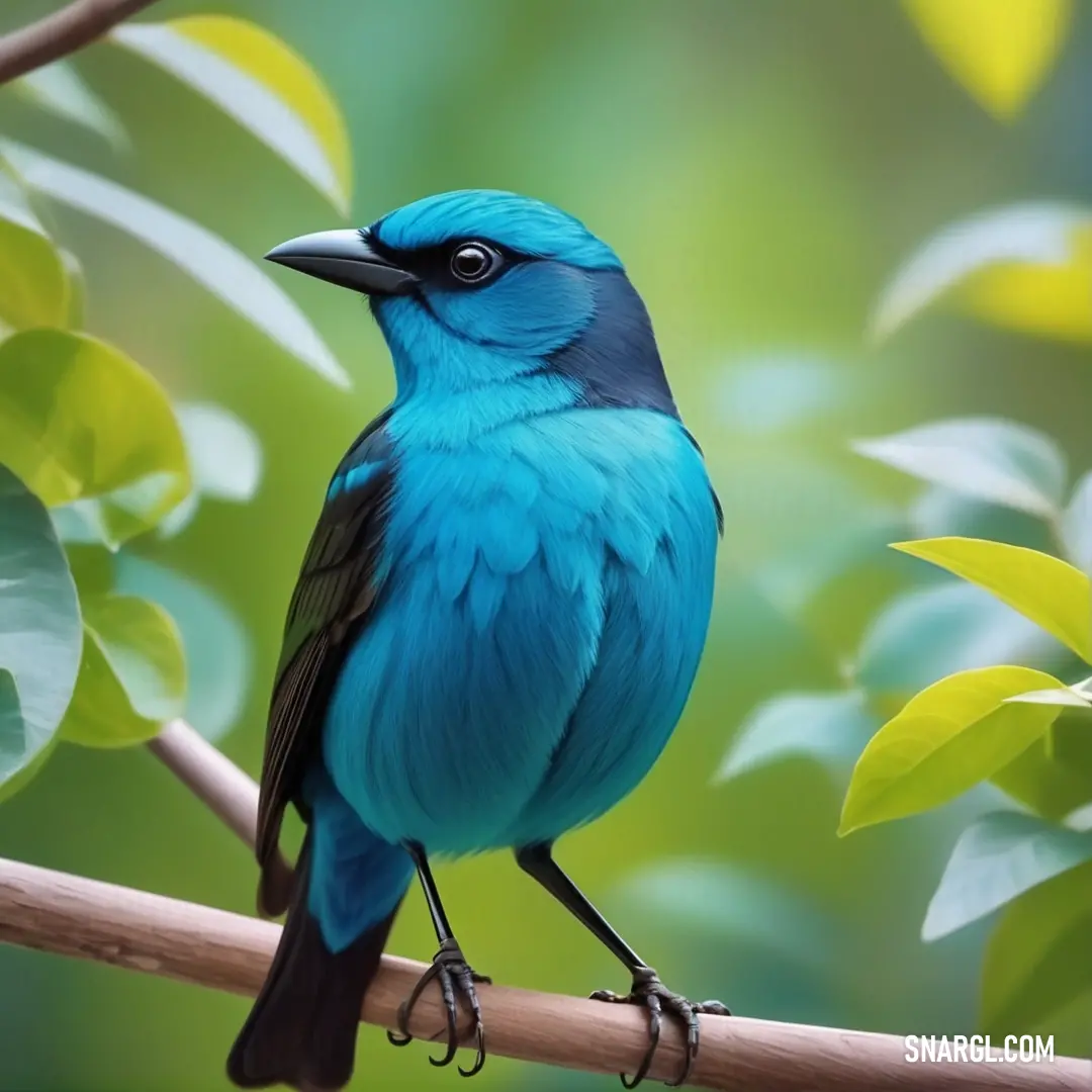 Blue Dacnis on a branch with leaves in the background