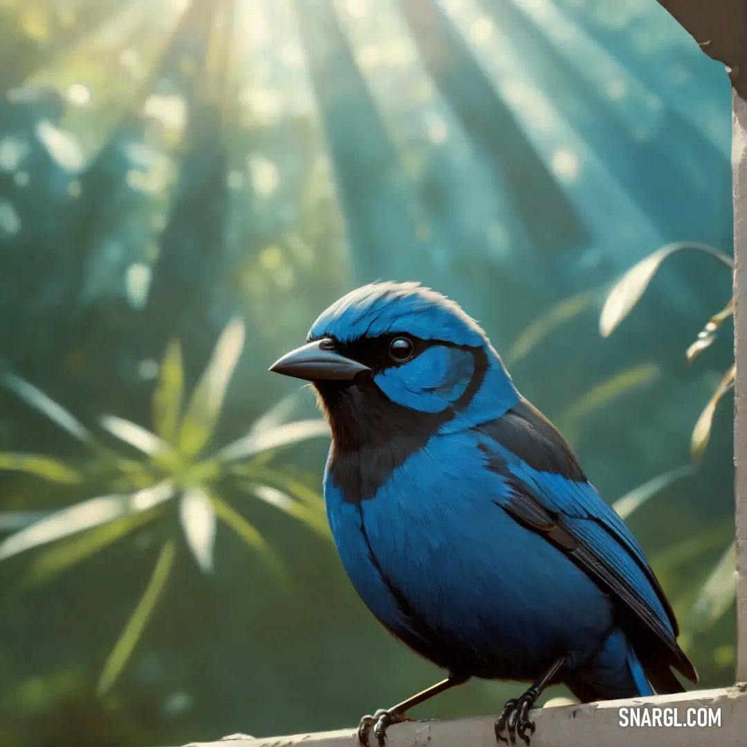 Blue Dacnis on a ledge in front of a forest of trees and plants with the sun shining through the leaves