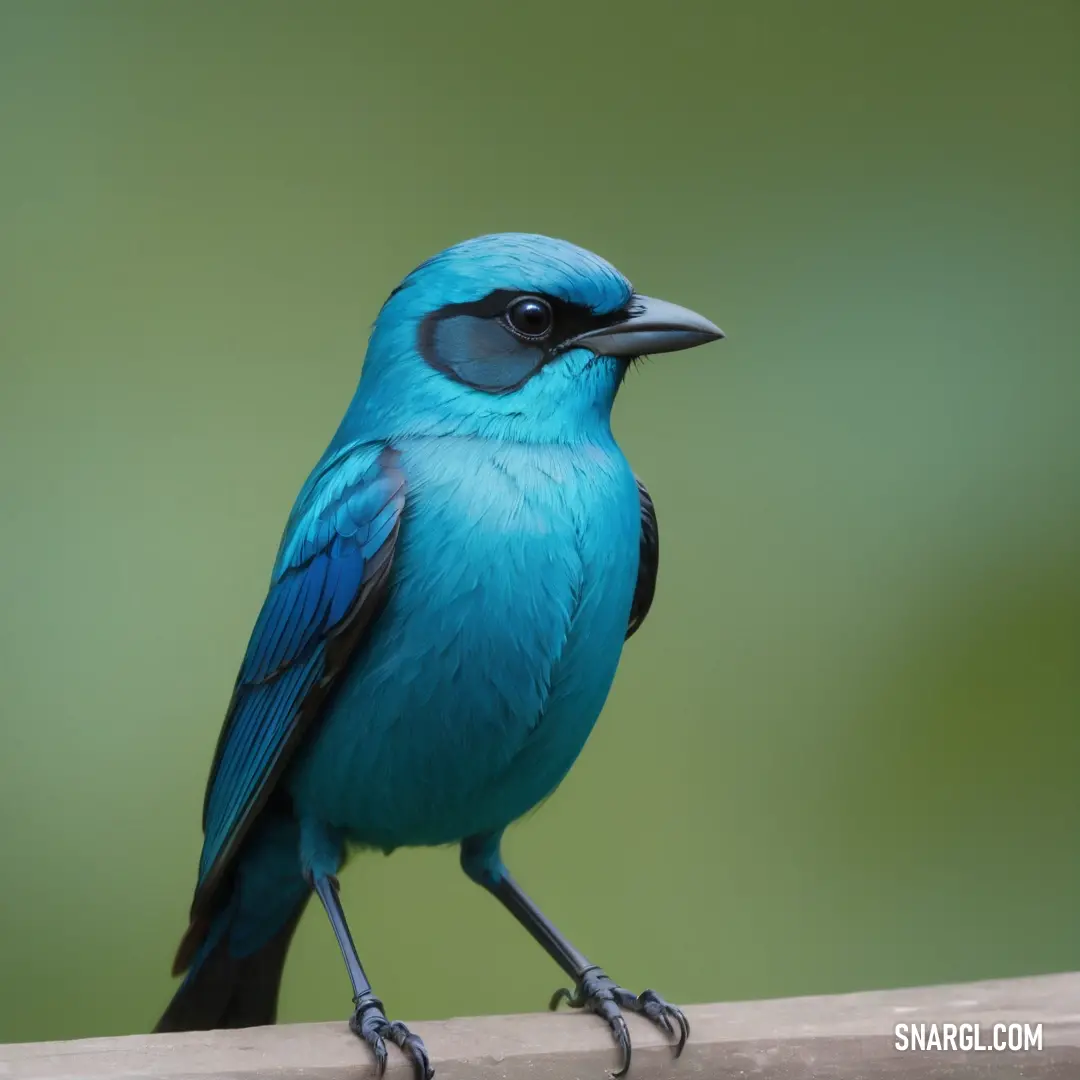 Blue Dacnis with black feet and a black beak on a wooden rail with a green background