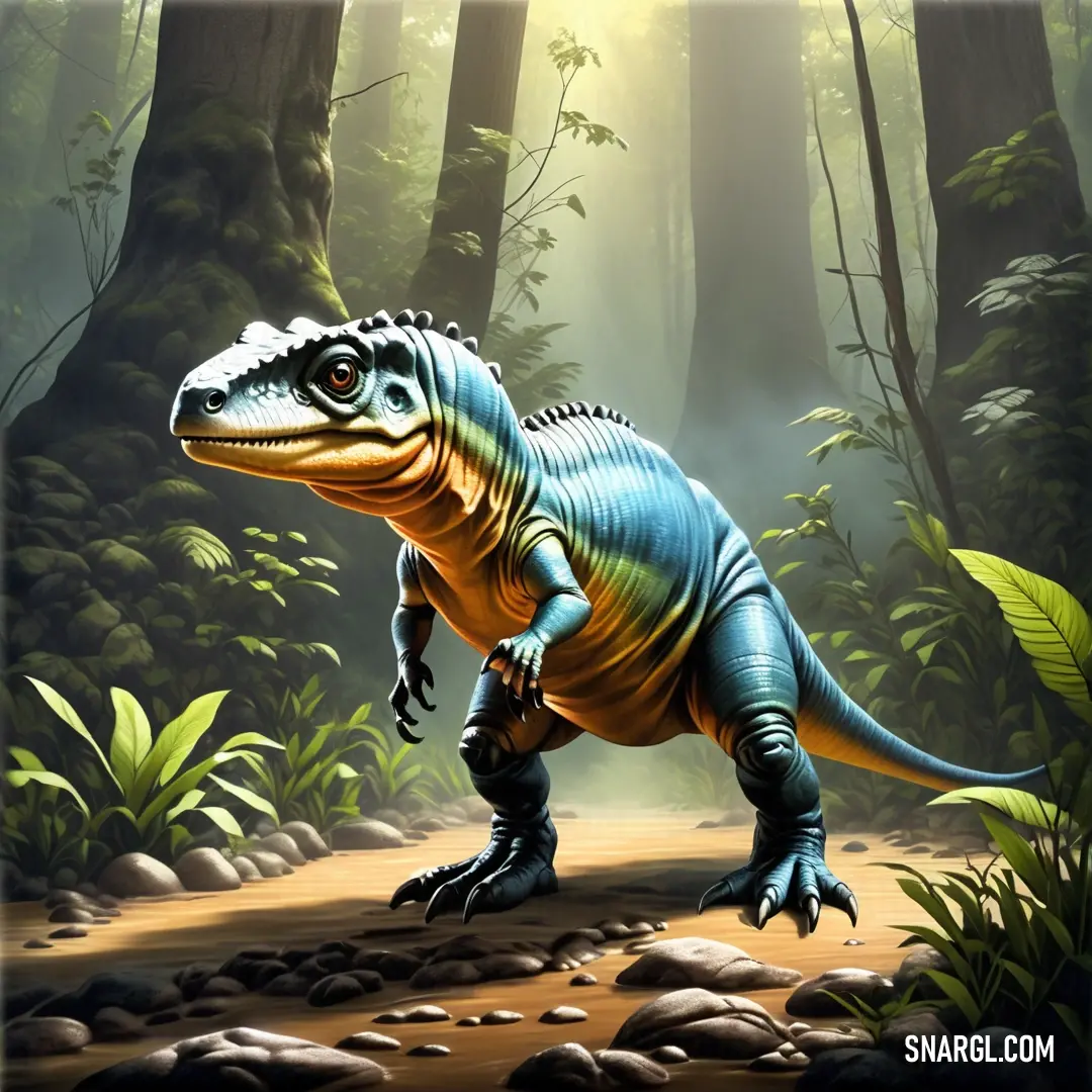 Dacosaurus in a forest with rocks and plants on the ground