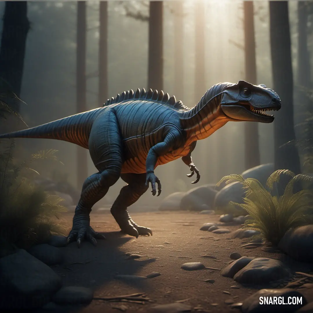 Dacosaurus is walking through a forest with rocks and grass on the ground and a sun shining through the trees