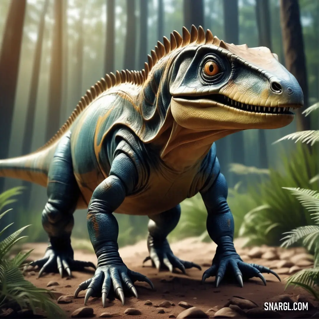 Dacosaurus is walking through the woods in the sunlight with a forest background