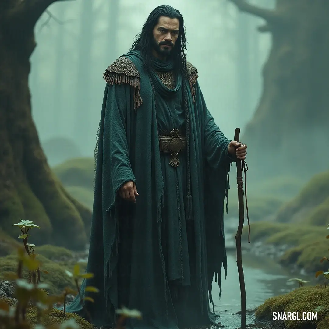 A wise traveler adorned in a flowing green robe grips a staff, surrounded by ancient moss-covered trees in a lush forest. A gentle stream glimmers in the foreground, reflecting the beauty of the natural world around him.