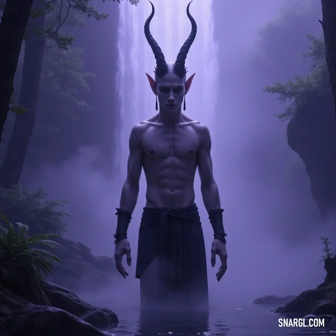 A regal horned figure stands confidently in a tranquil stream, with a grand waterfall providing a breathtaking backdrop of nature's beauty. A majestic being with impressive horns stands proudly in a shimmering stream, the soft roar of a majestic waterfall cascading behind. Glimmers of sunlight dance upon the water's surface, creating a mesmerizing view of serenity and strength.