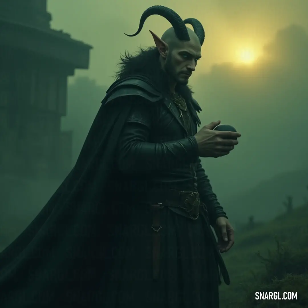 A figure in a horned costume stands in a mystical, foggy field, capturing the blend of tradition and modernity with a cellphone in hand. In a fog-laden field, a figure clad in a unique horned costume holds a modern cellphone, blending ancient mystique with contemporary technology. The ethereal atmosphere envelops him, creating a scene that is both surreal and inviting.