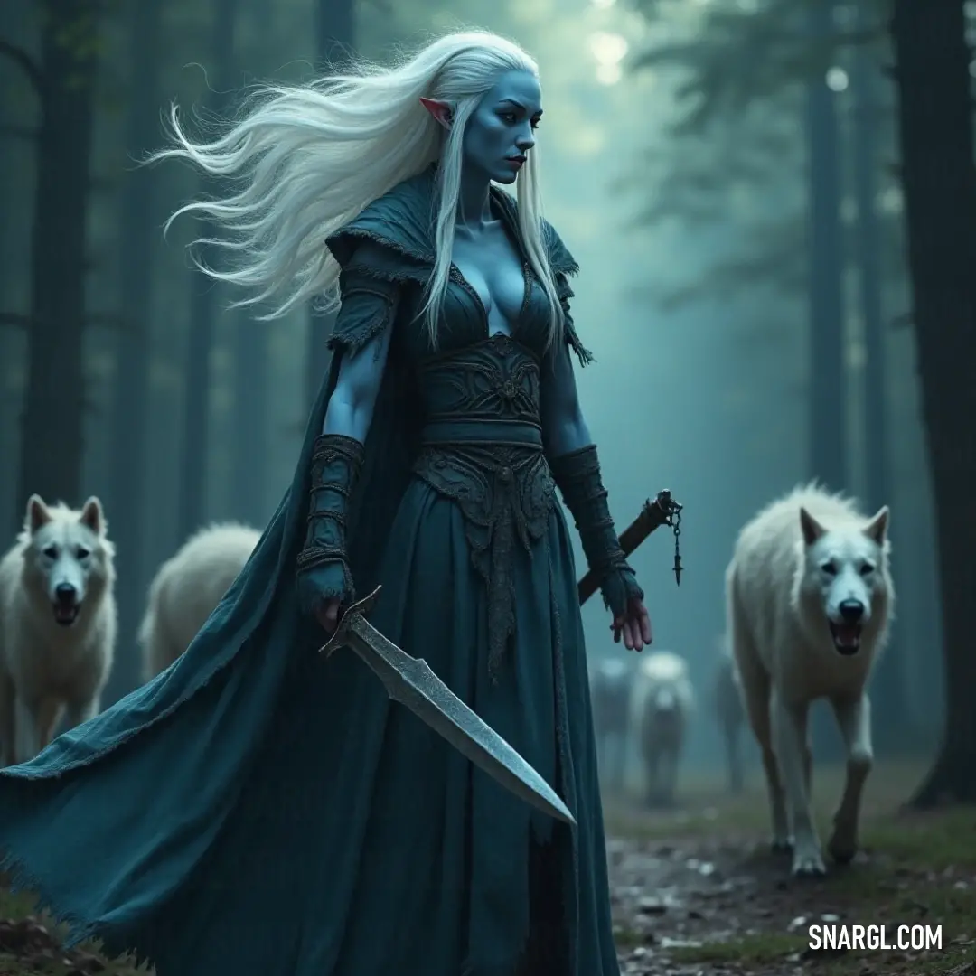 A brave figure dressed in a flowing blue gown stands proudly with a sword, flanked by two joyful white dogs, nestled in a lively landscape that echoes themes of companionship and exploration. A courageous character in a royal blue dress, holding a sword, stands gracefully among two playful white dogs, with lush surroundings creating a backdrop of loyalty and adventure, brimming with vibrant life.