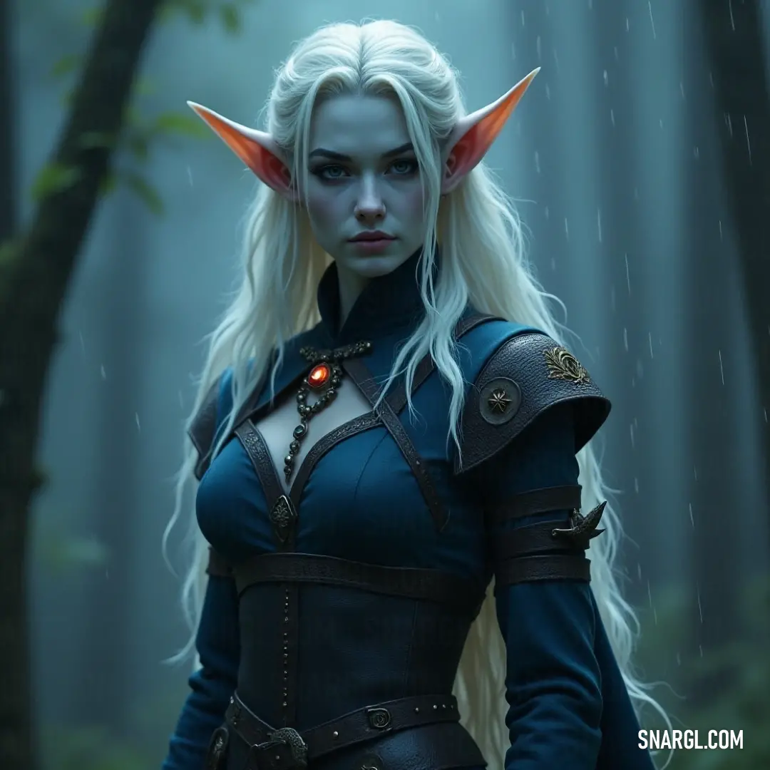 A striking figure in a rain-soaked forest, with glowing eyes and long blonde hair, evokes an air of mystery. A captivating figure, adorned with long blonde hair and majestic horns, stands in a rain-drenched forest. The droplets cascade down, accentuating the glowing intensity of their eyes, which seem to hold the wisdom of ages amidst the enchanting ambiance.