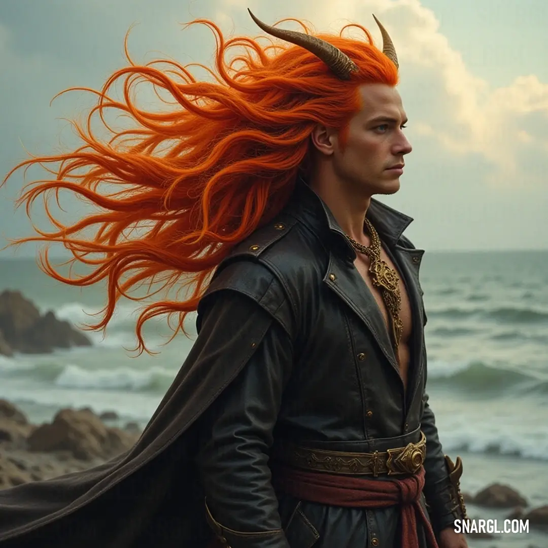 A bold figure with long red hair and striking horns stands by the beach, the waves crashing around him, radiating energy and vitality by the ocean's edge. A daring individual with long, fiery red hair and prominent horns stands confidently on the shore, with the crashing waves and vast ocean reflecting the vibrant hues of his intense persona.