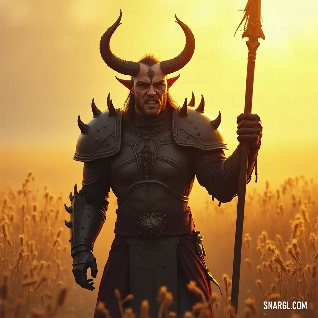 In a lush, golden field of swaying wheat, a figure dons a striking horned costume, confidently wielding a humble stick, embodying the spirit of nature and adventure amidst the harmonious dance of the wind through the wheat.