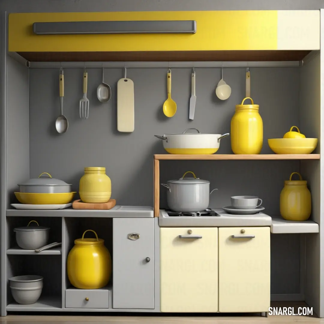 Kitchen with yellow and gray appliances and yellow walls and cabinets and a yellow shelf with utensils. Color Daffodil.