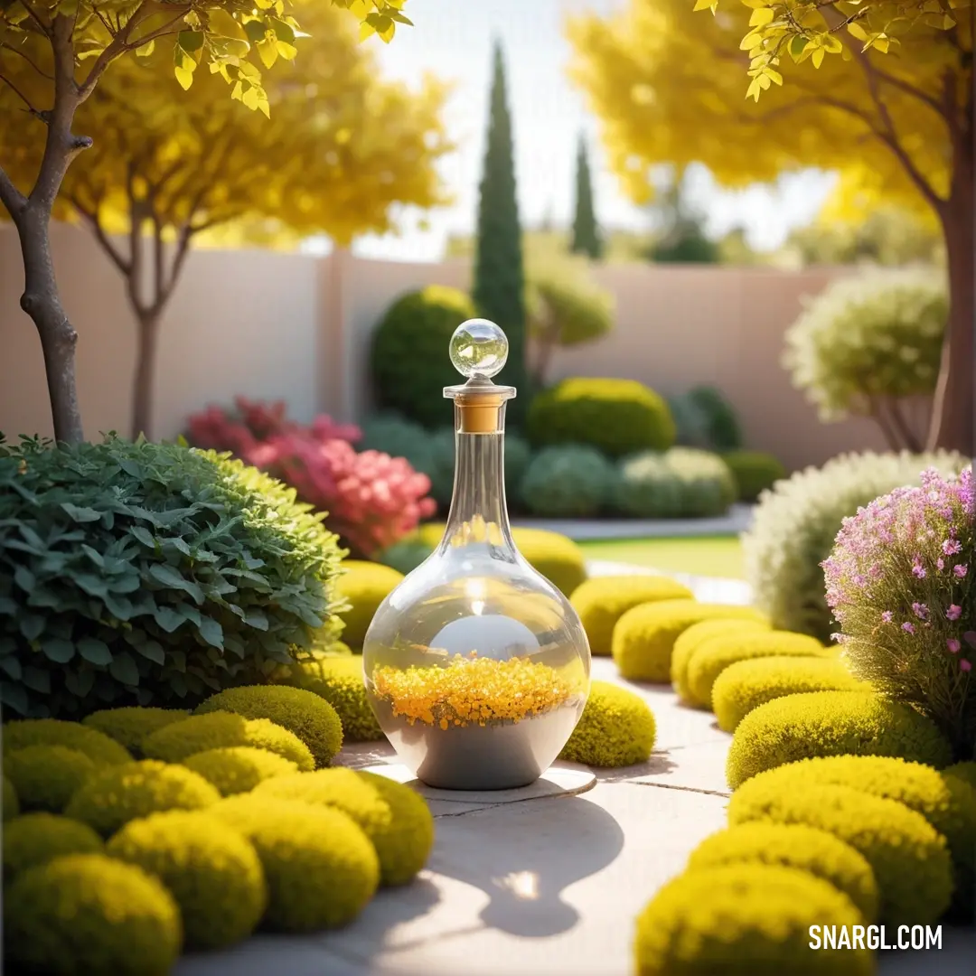 Vase with a glass ball inside of it on a table surrounded by flowers and trees in a garden. Color RGB 255,255,49.