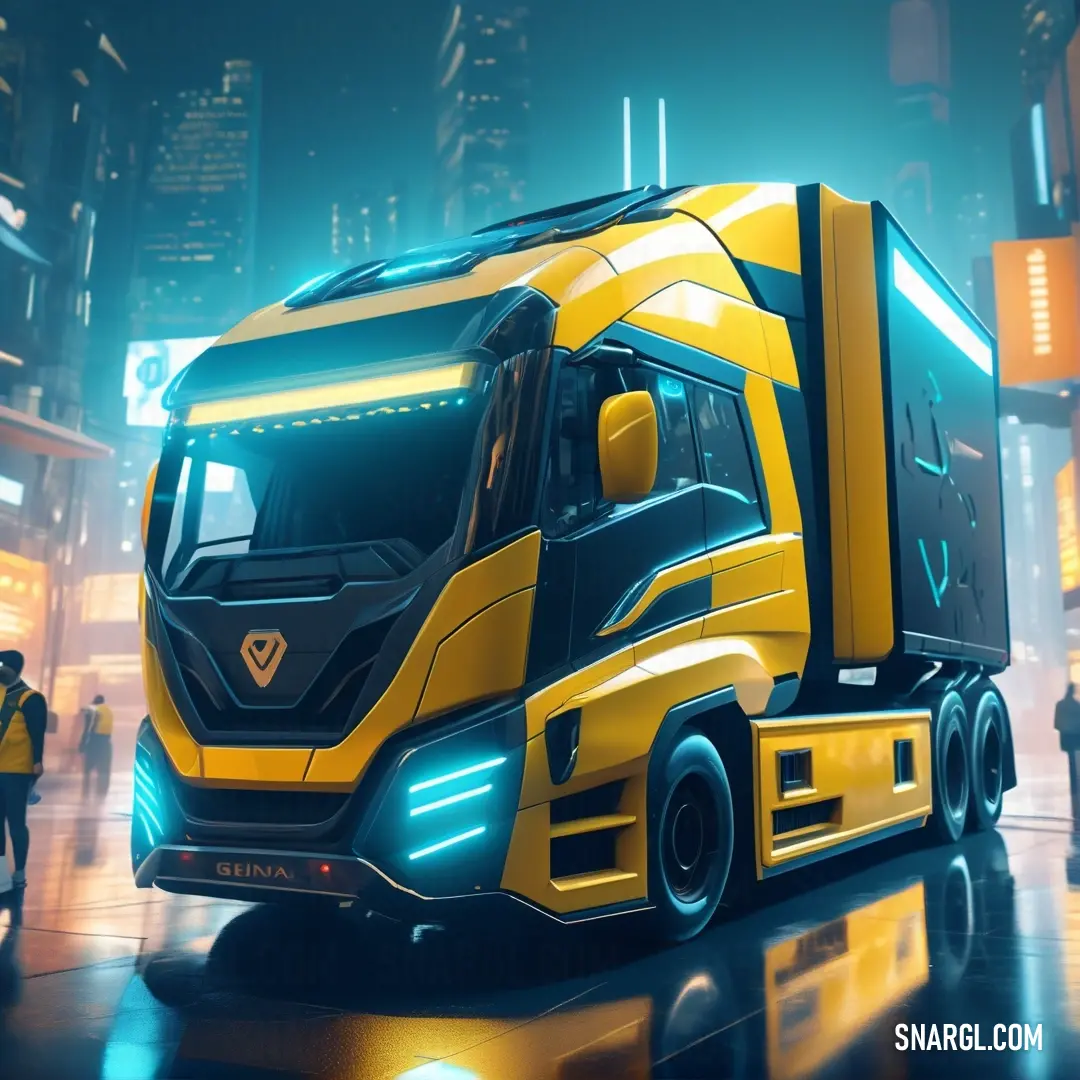 Daffodil color example: Yellow truck is parked in a city at night time with people walking around it and a man standing next to it