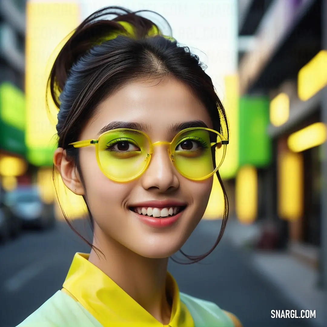 Woman wearing yellow glasses and a green shirt on a street corner with buildings in the background. Color #FFFF31.