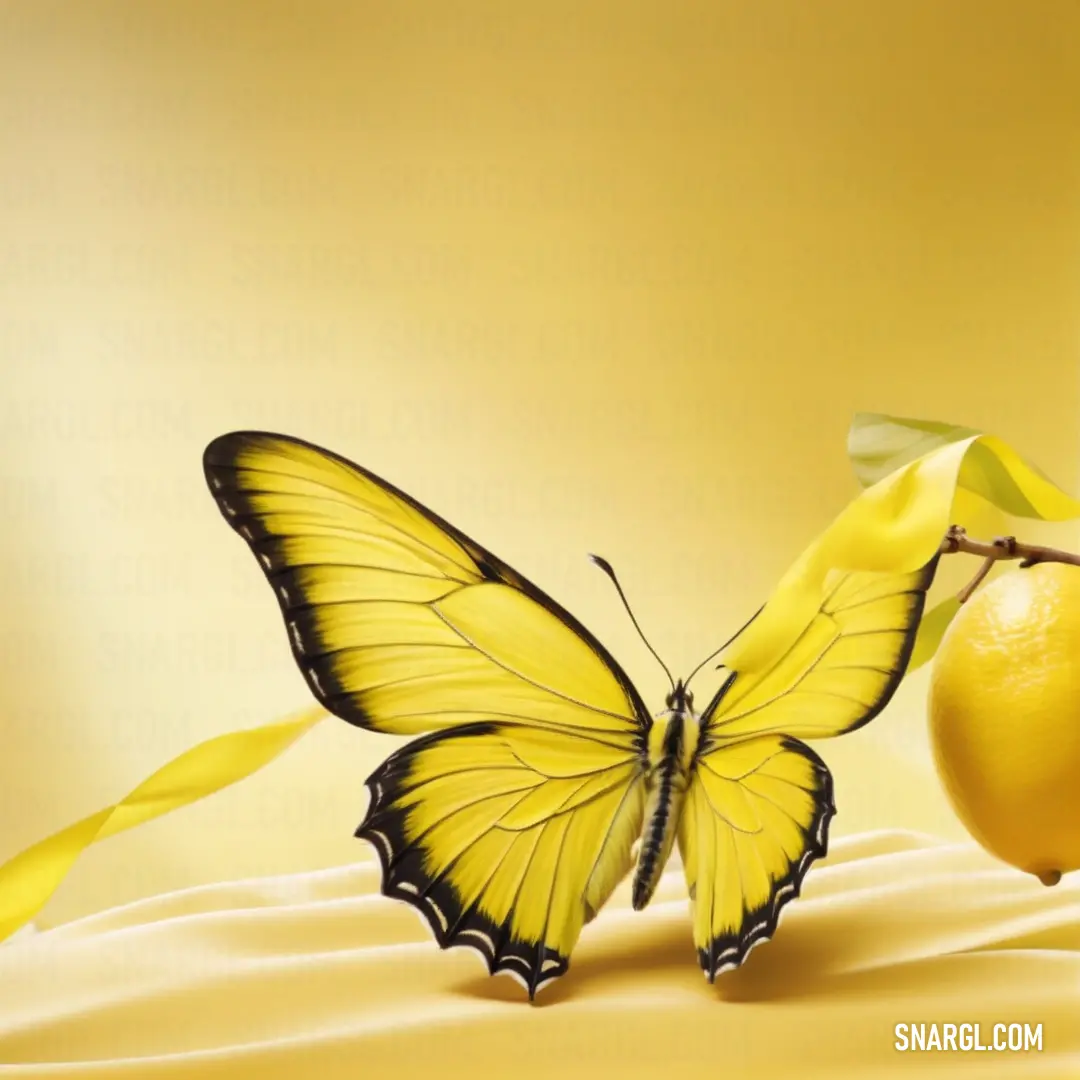 Yellow butterfly on top of a lemon next to a slice of lemon on a tablecloth covered table. Example of #FFFF31 color.