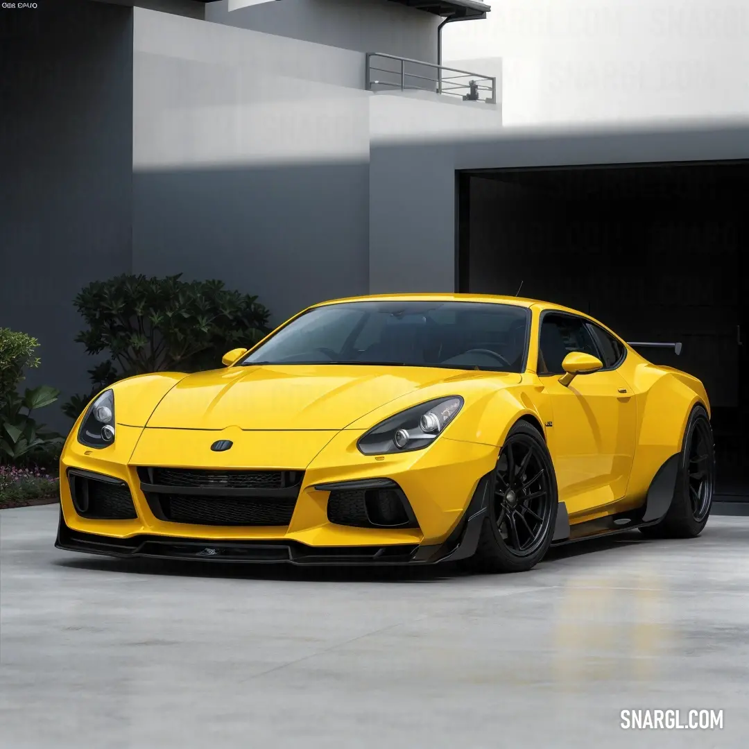 Yellow sports car parked in front of a building with a garage door open and a black door behind it