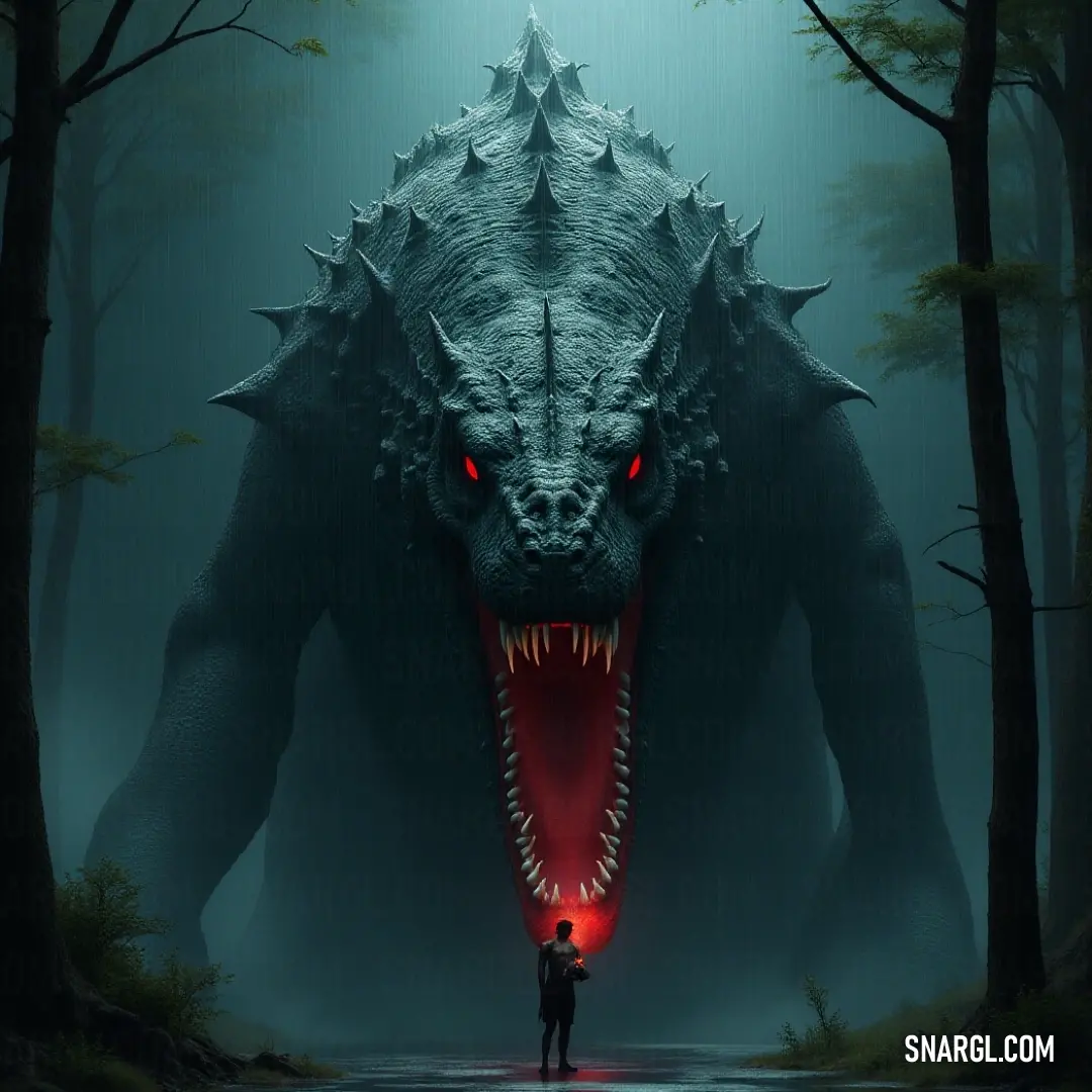 Dagon, an imposing figure from the depths, stands defiantly before an enormous Godzilla, their fierce glares locked in an epic standoff, showcasing the raw, untamed power of legendary creatures in a confrontation of titanic proportions.