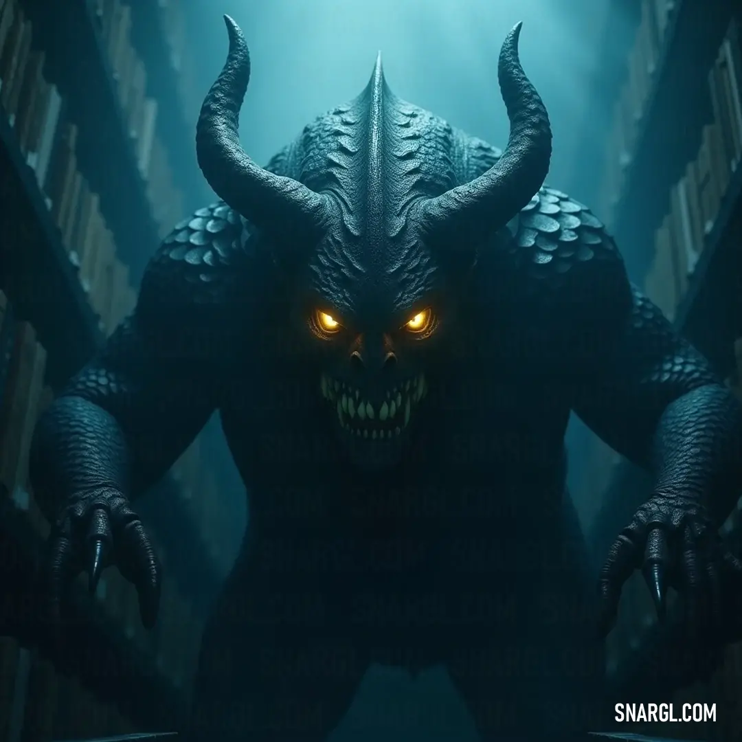 A fearsome Demonic Dagon, with a Dagon-like head and hypnotic glowing eyes, lurks in a shadowy alleyway, cloaked in an aura of menace as piercing light breaks through the darkness.