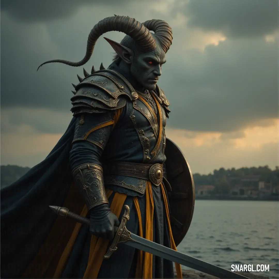 Dagon in a striking horned costume, standing confidently on a windswept beach with a sword, while the ocean waves crash under a foreboding cloudy sky. A powerful figure, Dagon, stands tall on a rocky beach. He wears a majestic costume with imposing horns and grips a gleaming sword. The ocean roars beside him as dark clouds loom ominously in the sky, setting a dramatic scene of power and mystery.