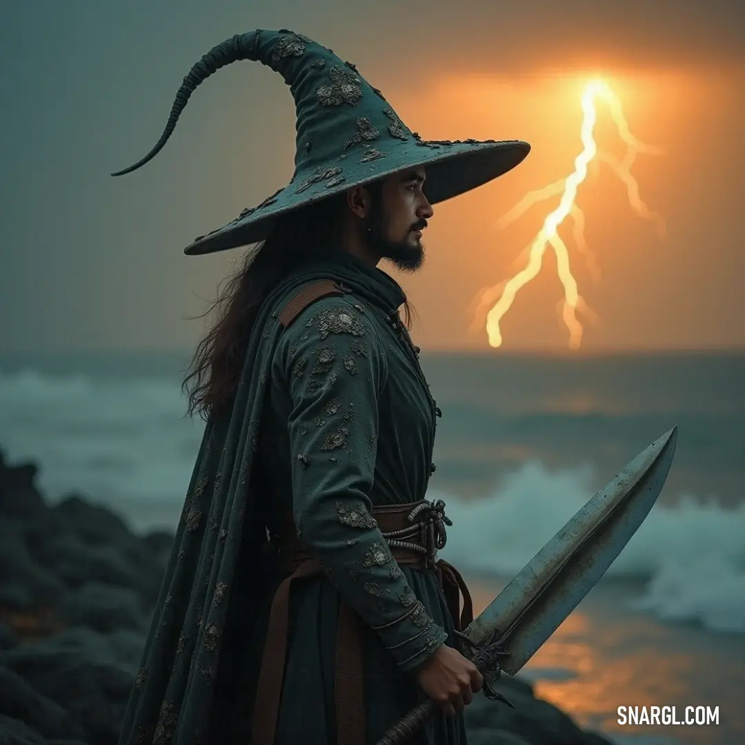 A noble warrior, adorned in a fanciful costume and hat, proudly brandishes a sword amid a dynamic lightning storm, reflecting an epic clash between humanity and the elements, invoking images of courage and heroic tales. A gallant figure clad in an elaborate costume and hat holds a sword aloft, illuminated by a dramatic flash of lightning in the background, encapsulating the essence of chivalry and theatricality in a striking confrontation with nature.